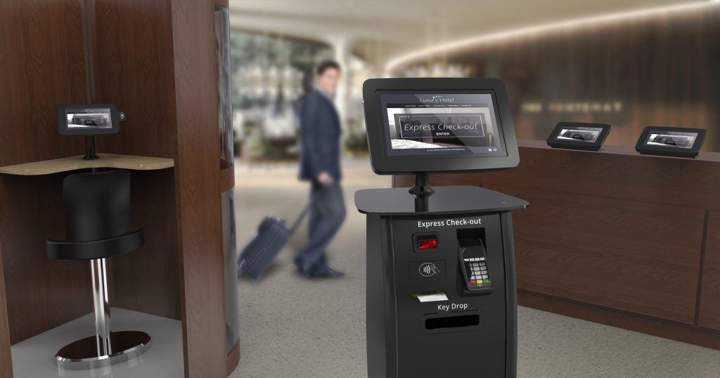 Self check-in/check-out kiosks